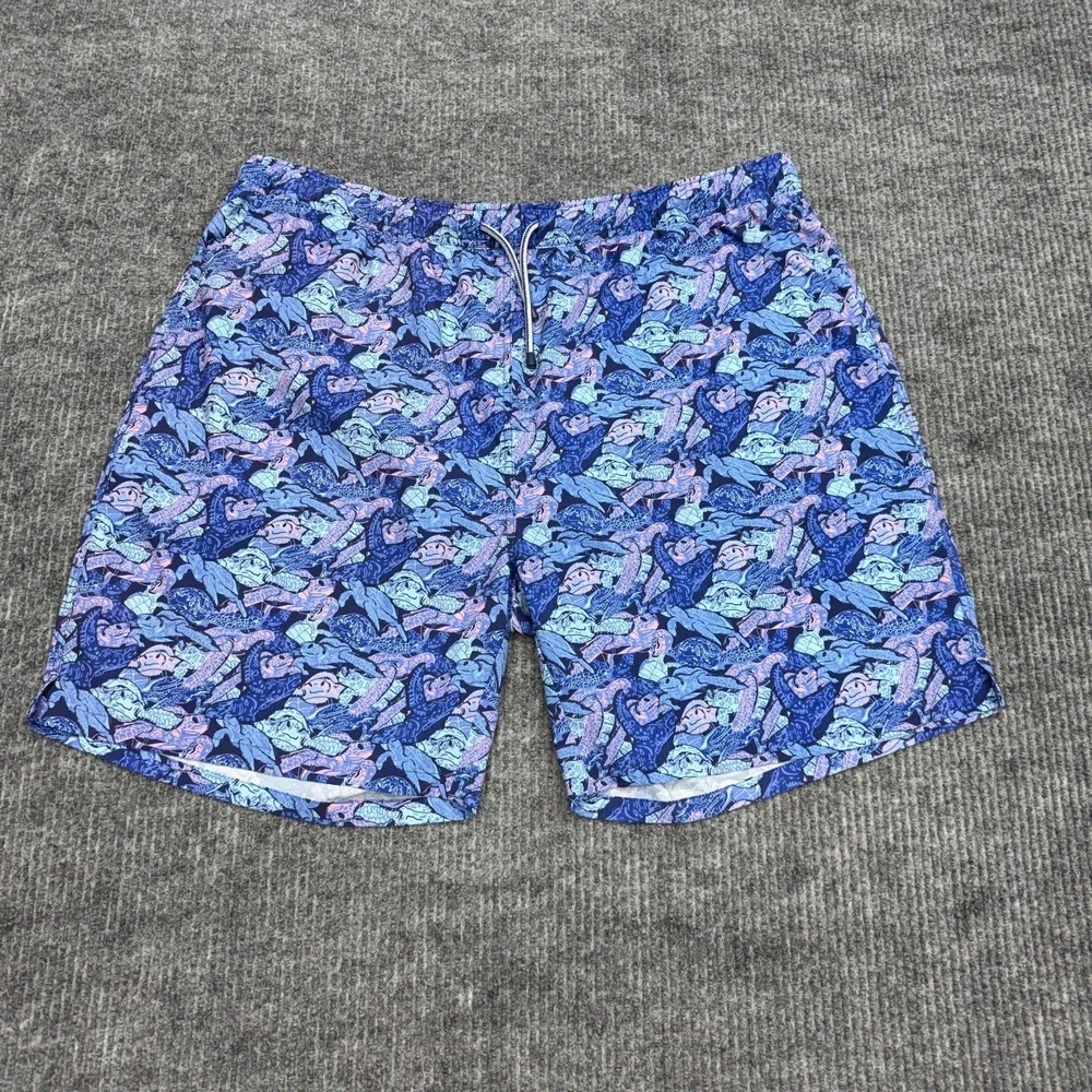 Peter Millar Seaside Swim Trunks Shorts Mens XXL Blue Purple Turtles AOP Lined